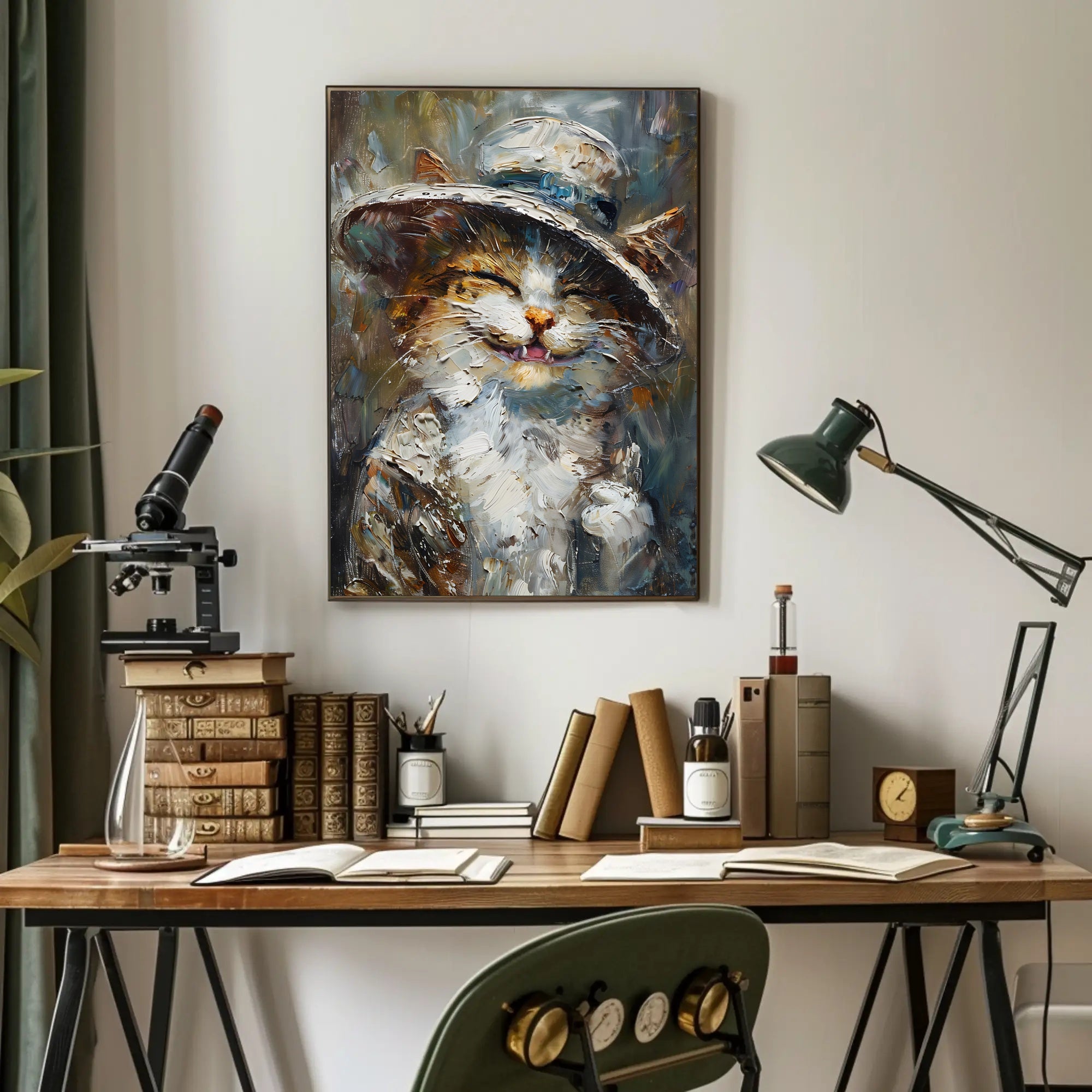 Whimsical Cat in Hat Artistic Animal Poster PosterGoat