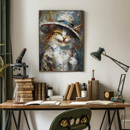 Whimsical Cat in Hat Artistic Animal Poster PosterGoat