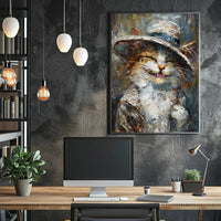 Whimsical Cat in Hat Artistic Animal Poster PosterGoat