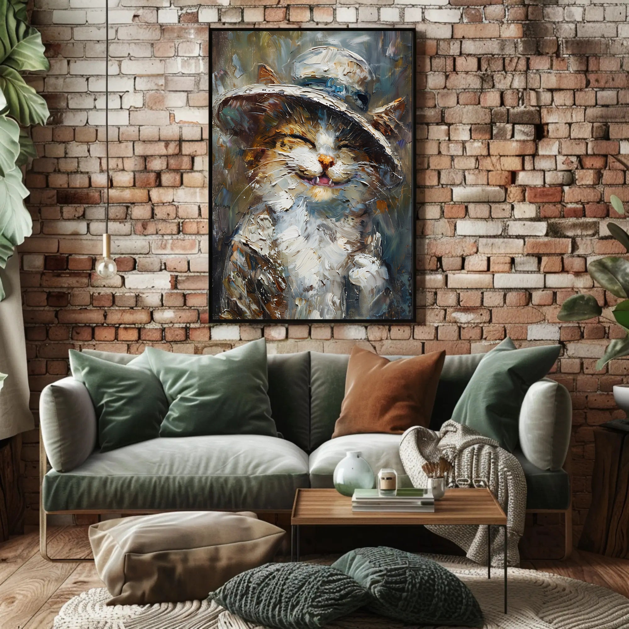 Whimsical Cat in Hat Artistic Animal Poster PosterGoat