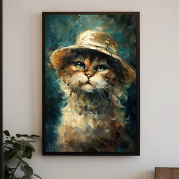 Whimsical Cat in Hat: Impressionistic Artistic Animal Poster PosterGoat