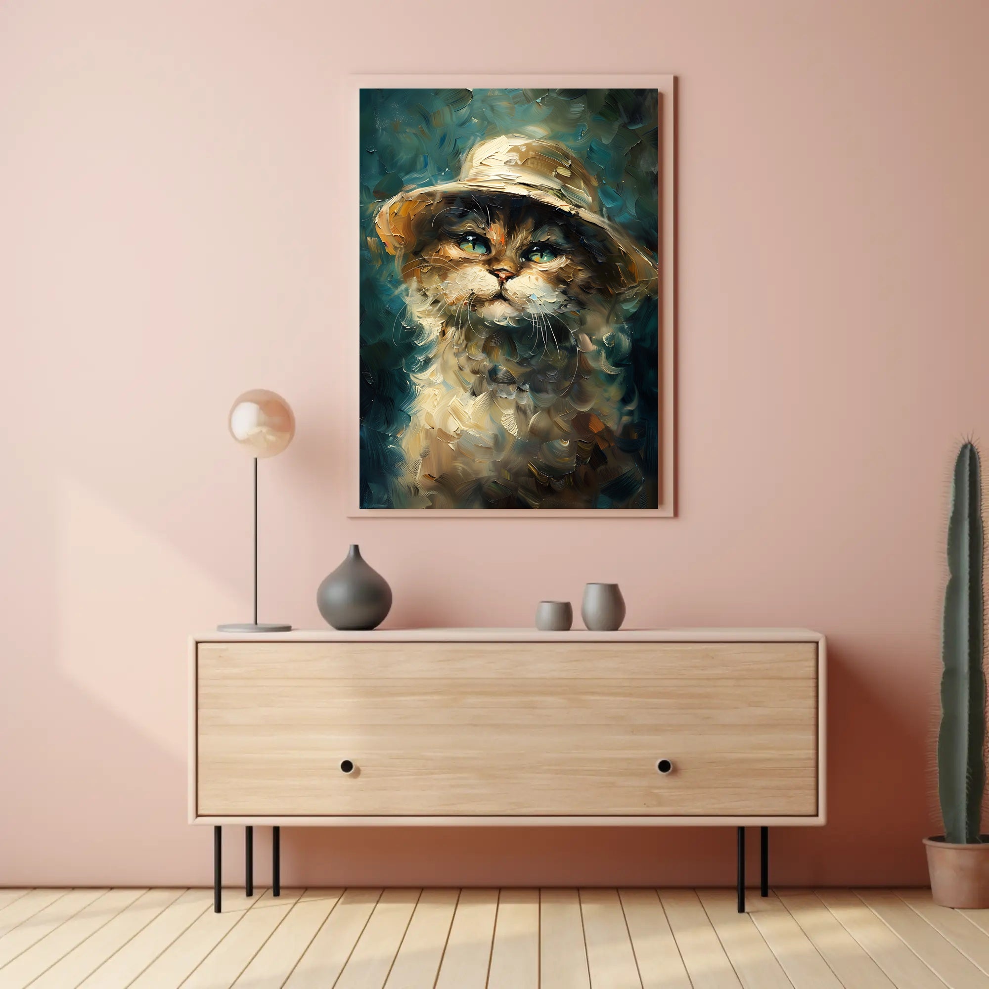 Whimsical Cat in Hat: Impressionistic Artistic Animal Poster PosterGoat