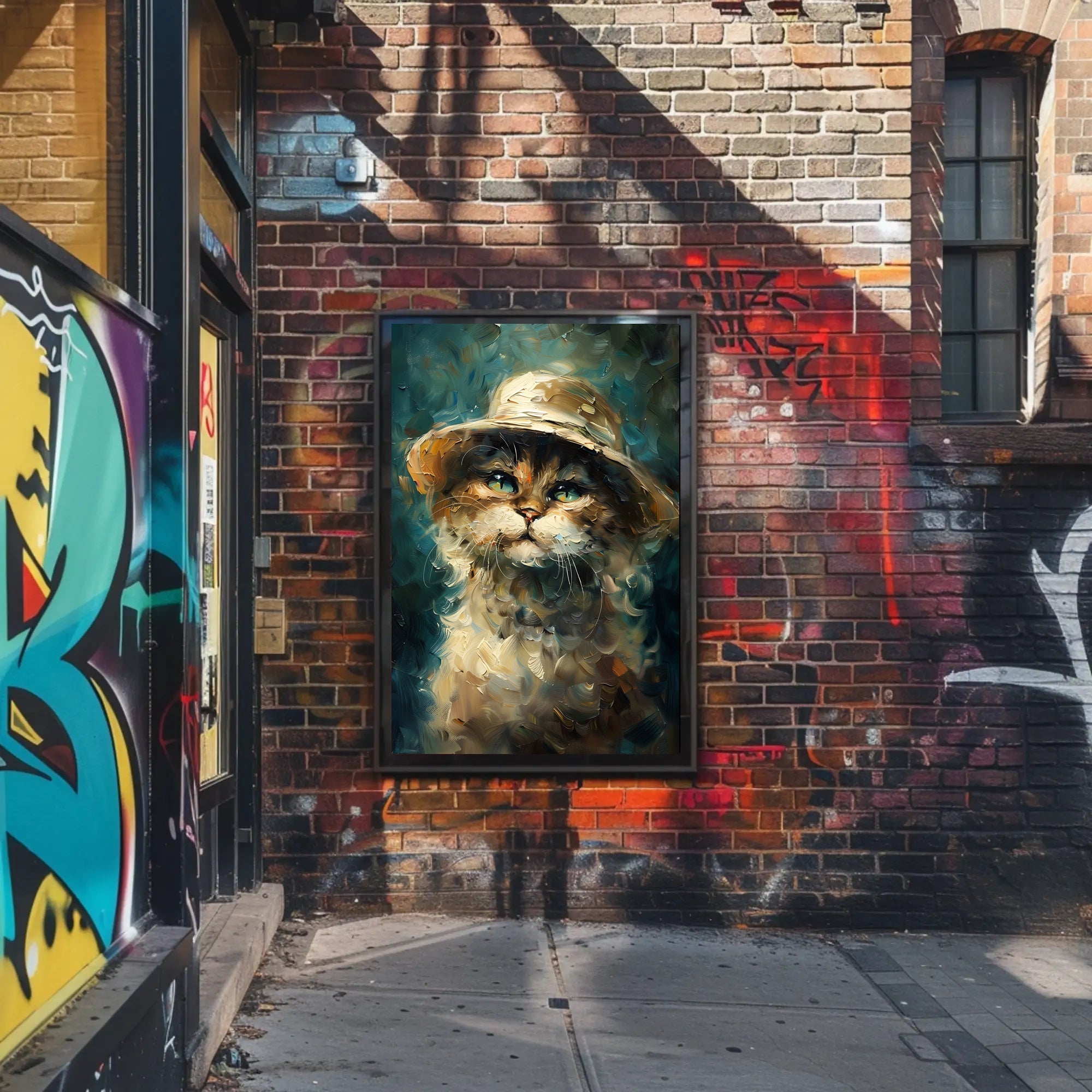 Whimsical Cat in Hat: Impressionistic Artistic Animal Poster PosterGoat