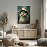 Whimsical Cat in Hat: Impressionistic Artistic Animal Poster PosterGoat