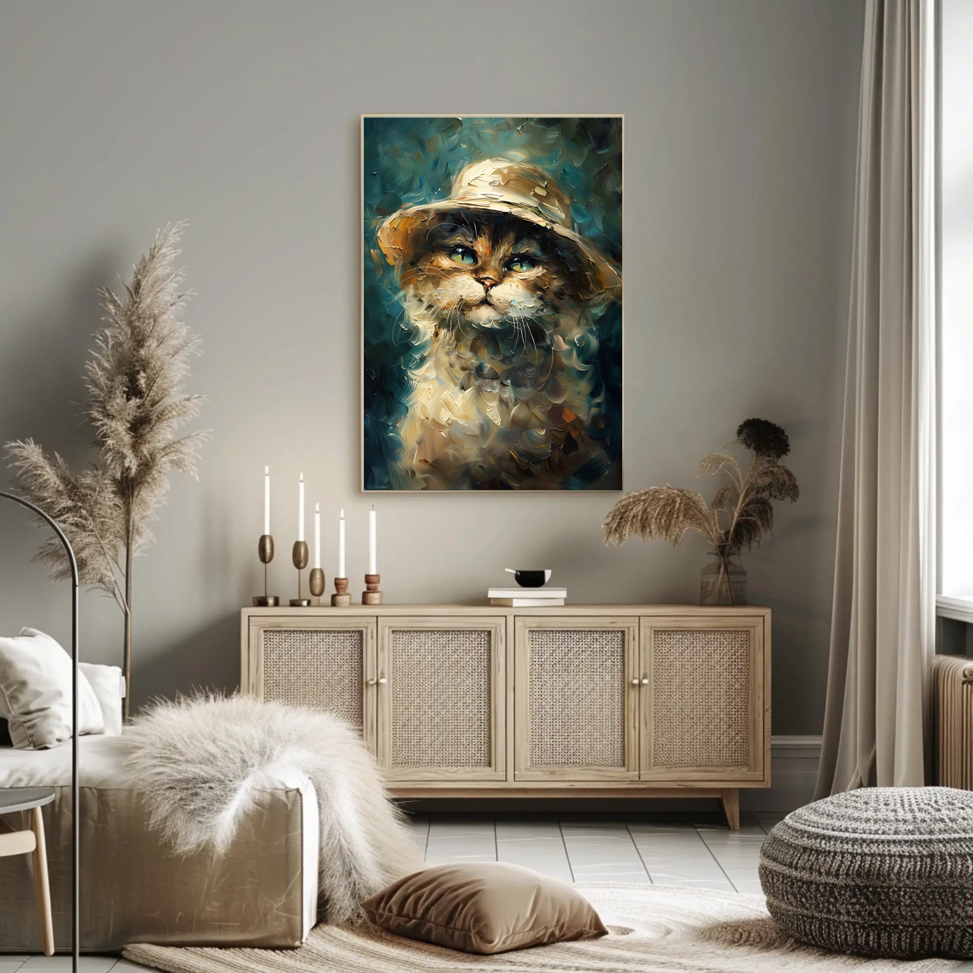 Whimsical Cat in Hat: Impressionistic Artistic Animal Poster PosterGoat