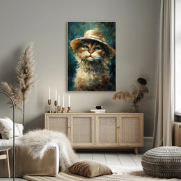 Whimsical Cat in Hat: Impressionistic Artistic Animal Poster PosterGoat