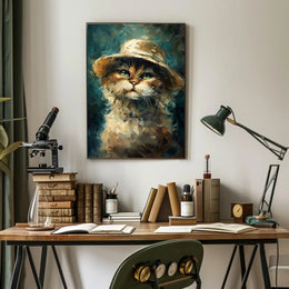 Whimsical Cat in Hat: Impressionistic Artistic Animal Poster PosterGoat