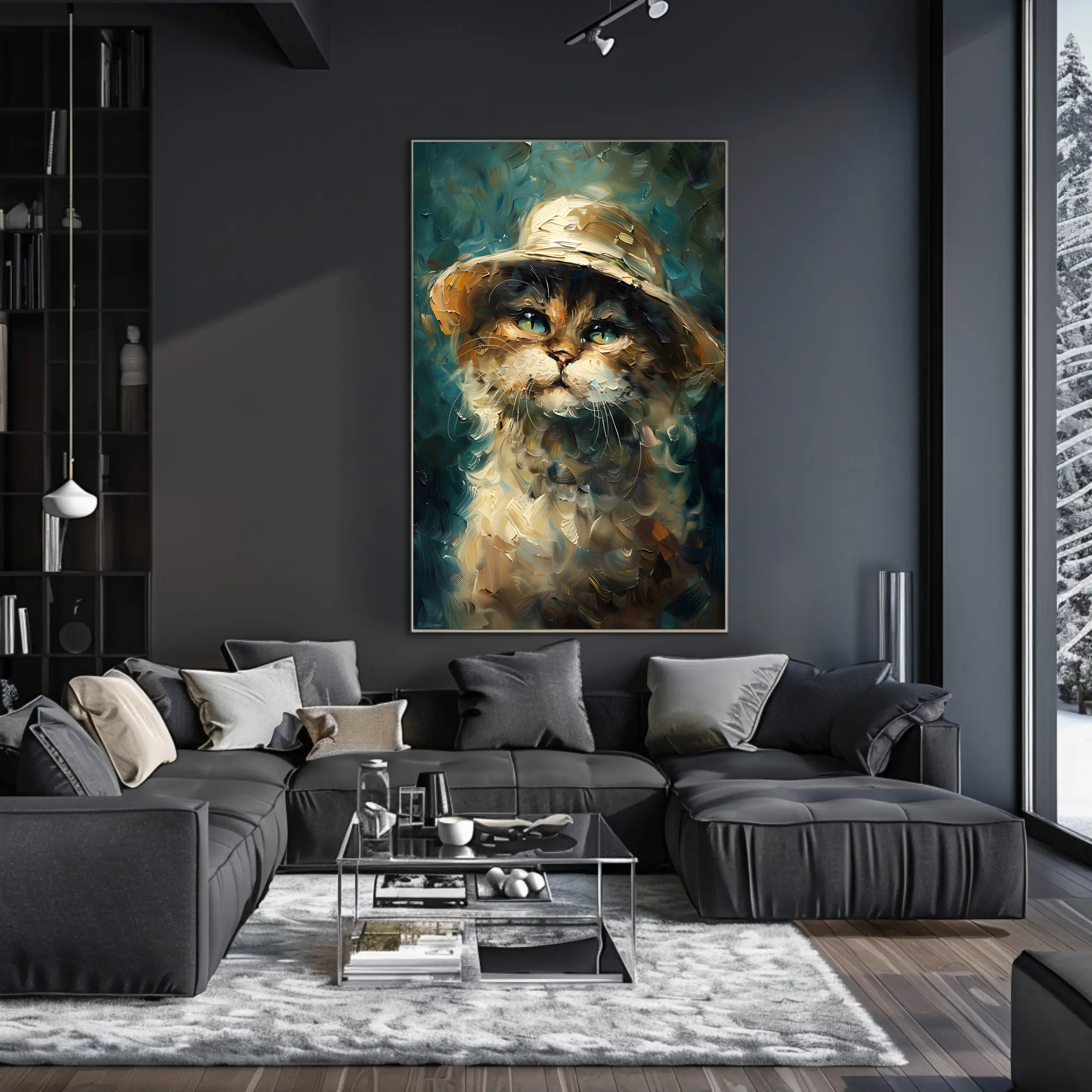 Whimsical Cat in Hat: Impressionistic Artistic Animal Poster PosterGoat