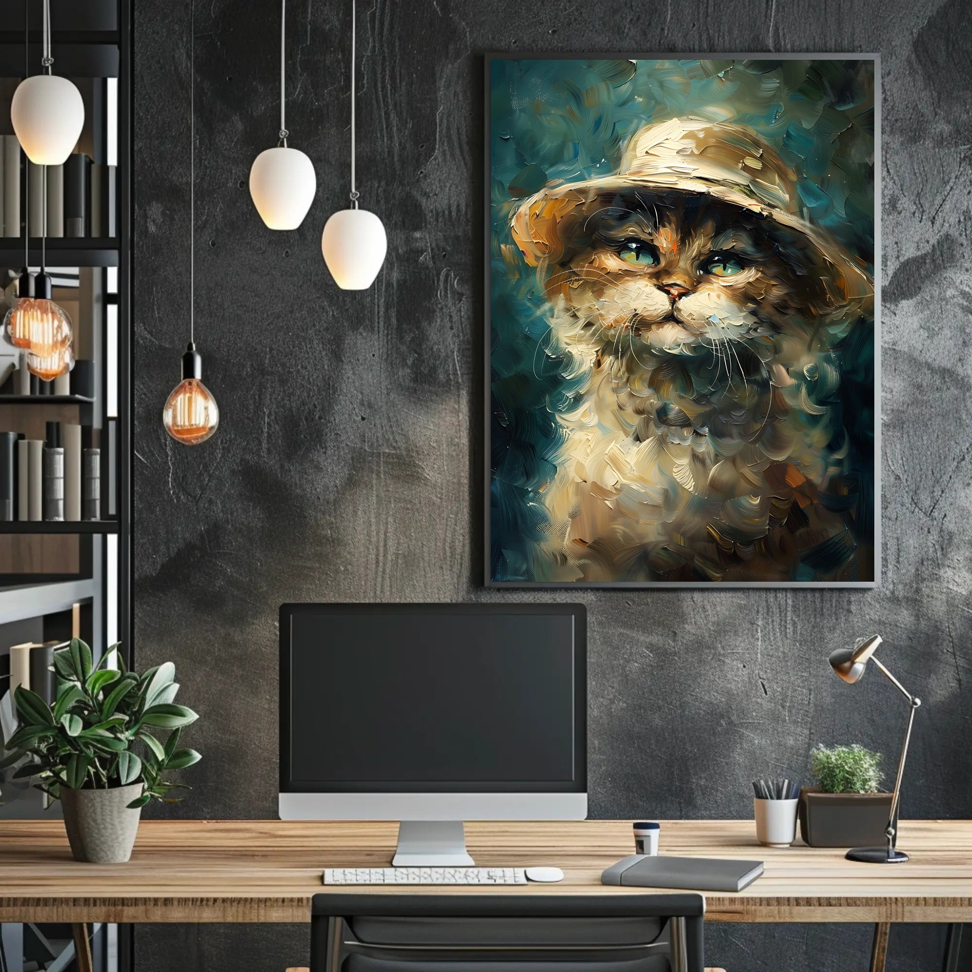 Whimsical Cat in Hat: Impressionistic Artistic Animal Poster PosterGoat