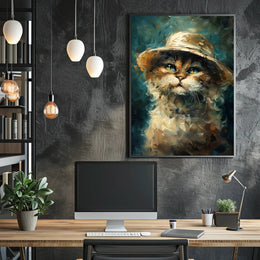 Whimsical Cat in Hat: Impressionistic Artistic Animal Poster PosterGoat