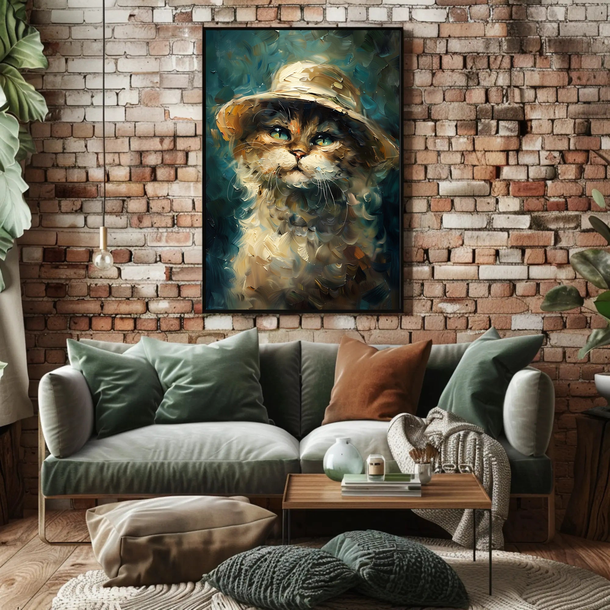 Whimsical Cat in Hat: Impressionistic Artistic Animal Poster PosterGoat