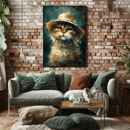 Whimsical Cat in Hat: Impressionistic Artistic Animal Poster PosterGoat
