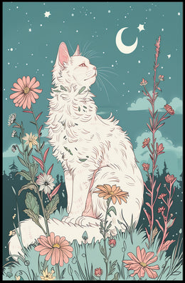 Whimsical Cat in Meadow Under Moonlit Night Fantasy Poster PosterGoat