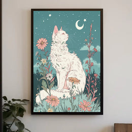 Whimsical Cat in Meadow Under Moonlit Night Fantasy Poster PosterGoat
