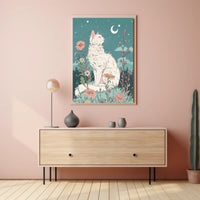 Whimsical Cat in Meadow Under Moonlit Night Fantasy Poster PosterGoat