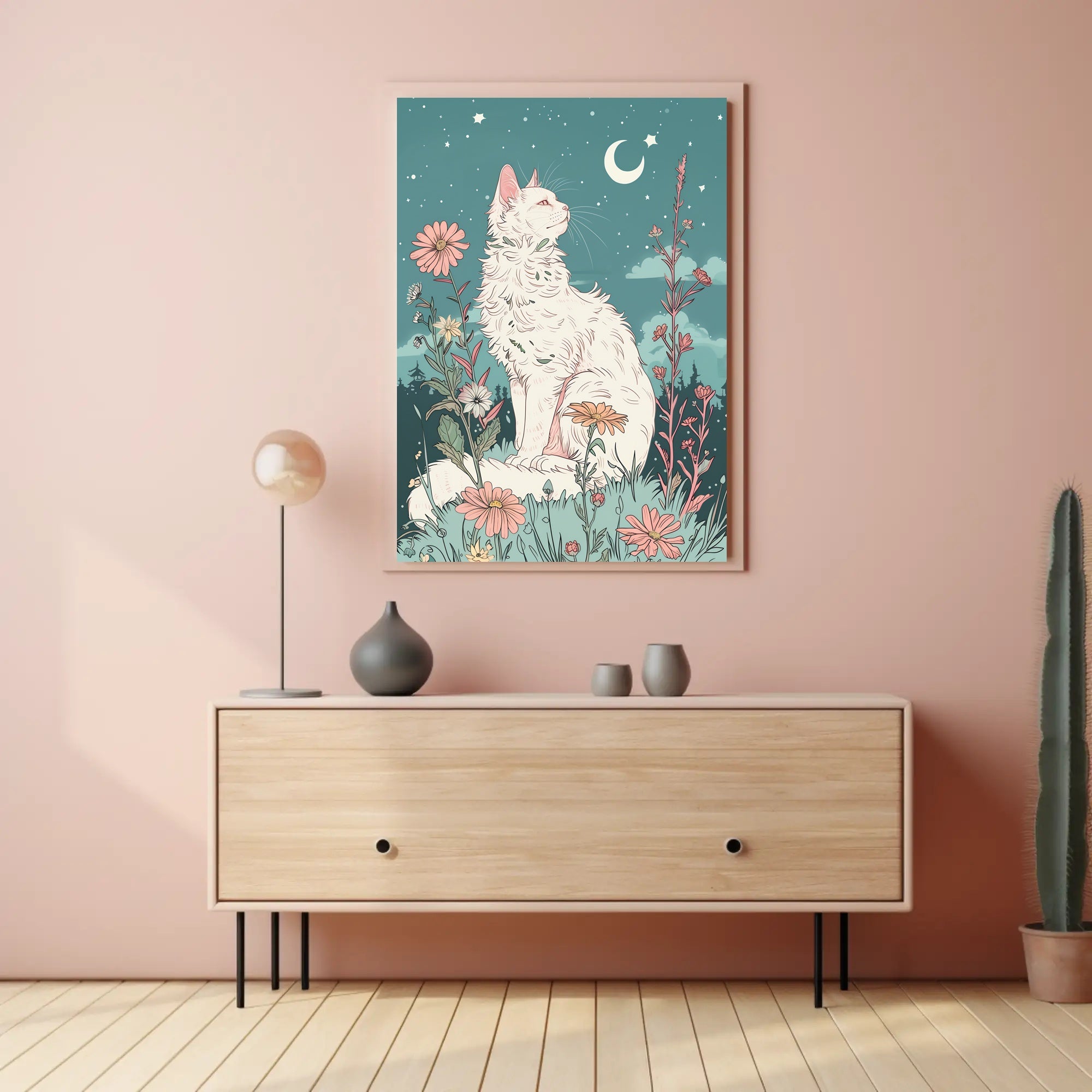 Whimsical Cat in Meadow Under Moonlit Night Fantasy Poster PosterGoat