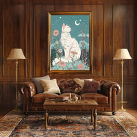 Whimsical Cat in Meadow Under Moonlit Night Fantasy Poster PosterGoat