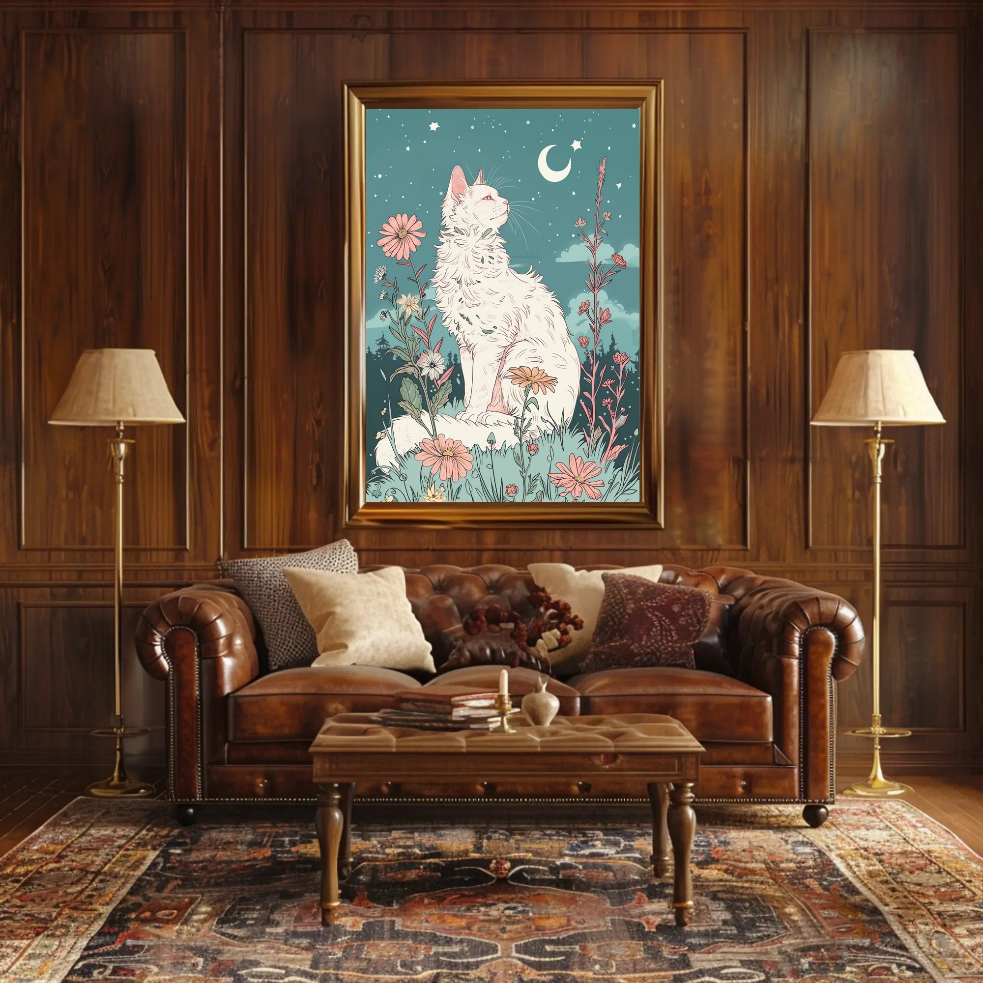 Whimsical Cat in Meadow Under Moonlit Night Fantasy Poster PosterGoat