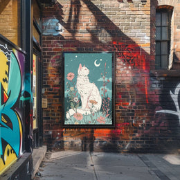 Whimsical Cat in Meadow Under Moonlit Night Fantasy Poster PosterGoat