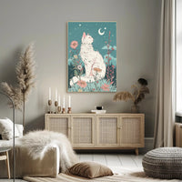 Whimsical Cat in Meadow Under Moonlit Night Fantasy Poster PosterGoat