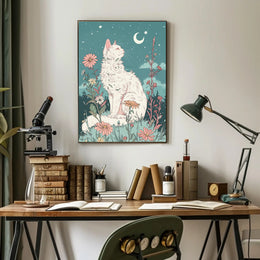 Whimsical Cat in Meadow Under Moonlit Night Fantasy Poster PosterGoat