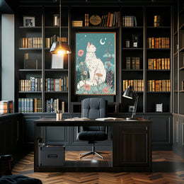 Whimsical Cat in Meadow Under Moonlit Night Fantasy Poster PosterGoat