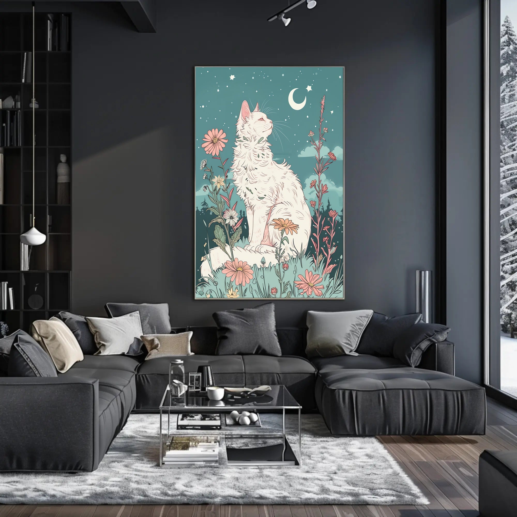 Whimsical Cat in Meadow Under Moonlit Night Fantasy Poster PosterGoat