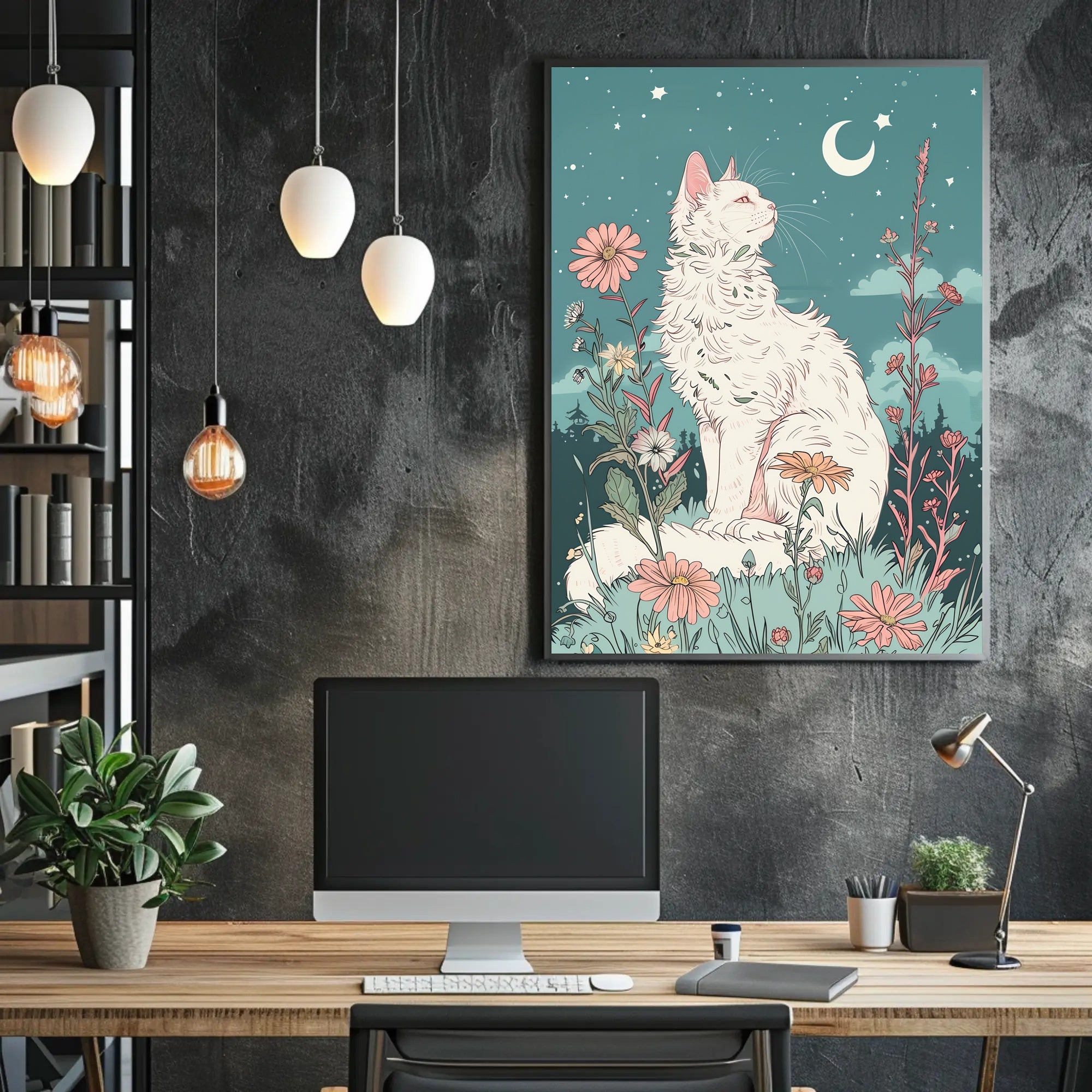 Whimsical Cat in Meadow Under Moonlit Night Fantasy Poster PosterGoat