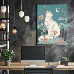 Whimsical Cat in Meadow Under Moonlit Night Fantasy Poster PosterGoat