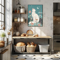 Whimsical Cat in Meadow Under Moonlit Night Fantasy Poster PosterGoat