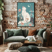 Whimsical Cat in Meadow Under Moonlit Night Fantasy Poster PosterGoat