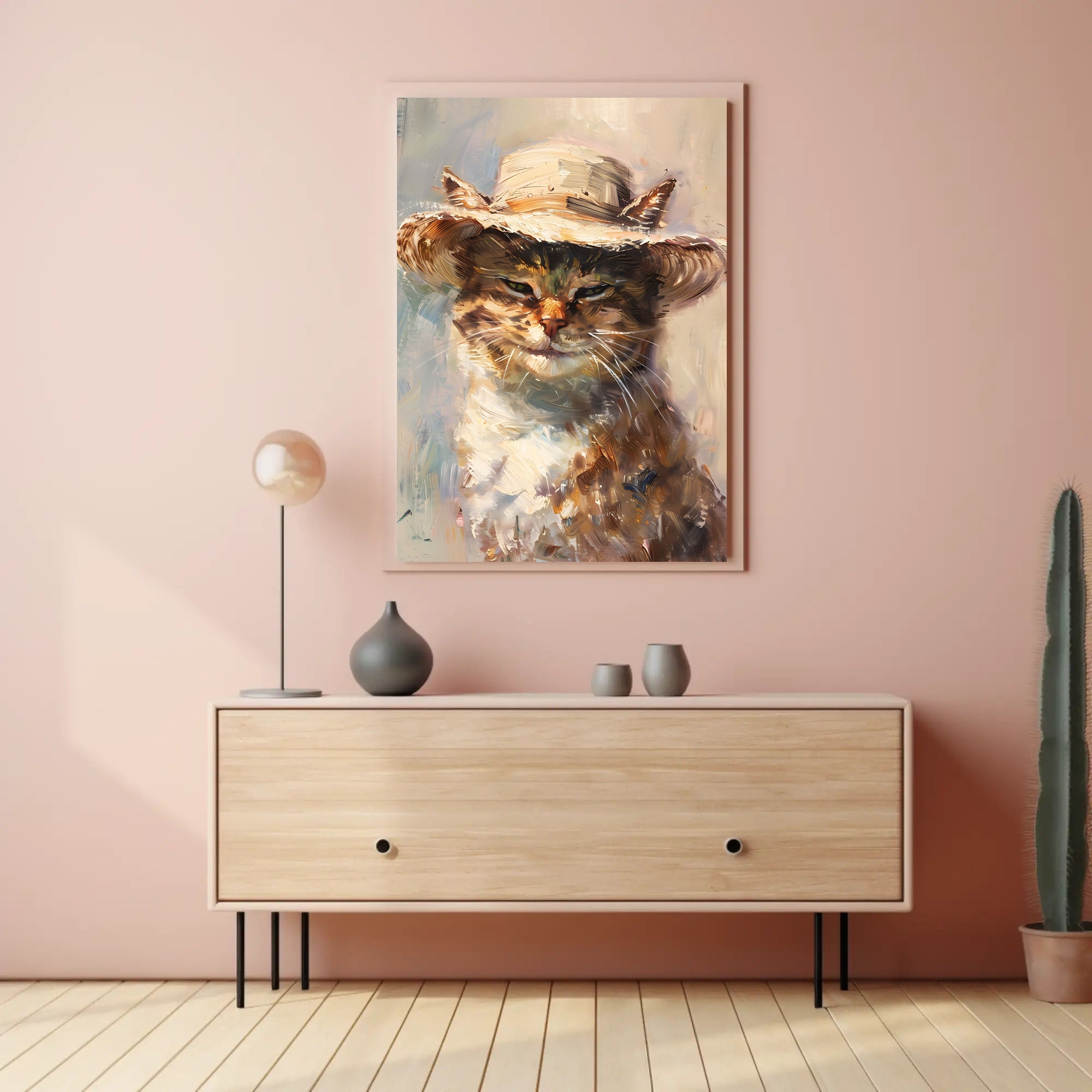 Whimsical Cat in Straw Hat Animal Poster PosterGoat