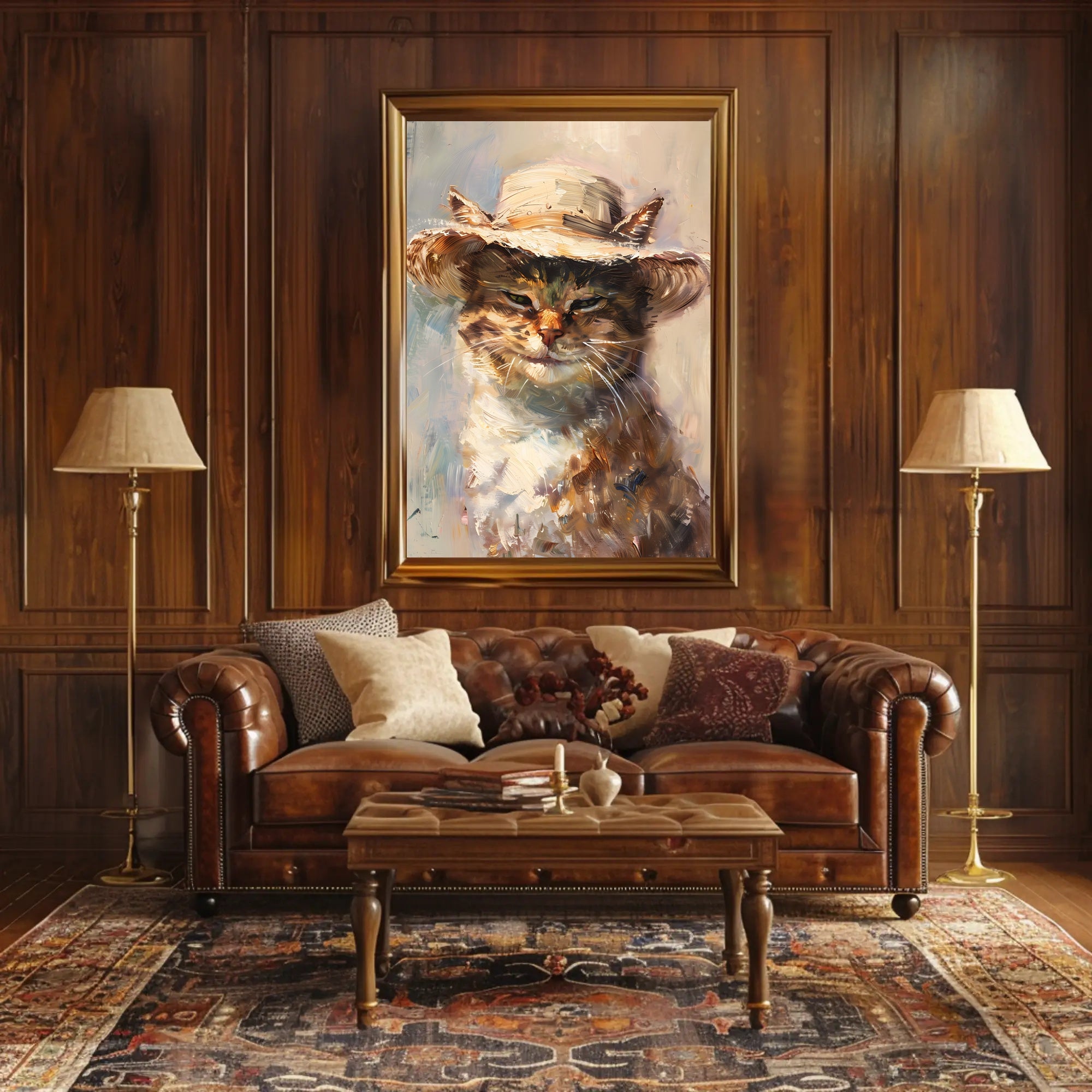 Whimsical Cat in Straw Hat Animal Poster PosterGoat