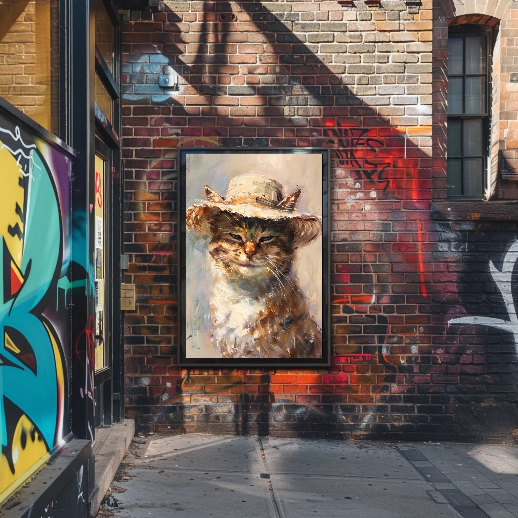 Whimsical Cat in Straw Hat Animal Poster PosterGoat