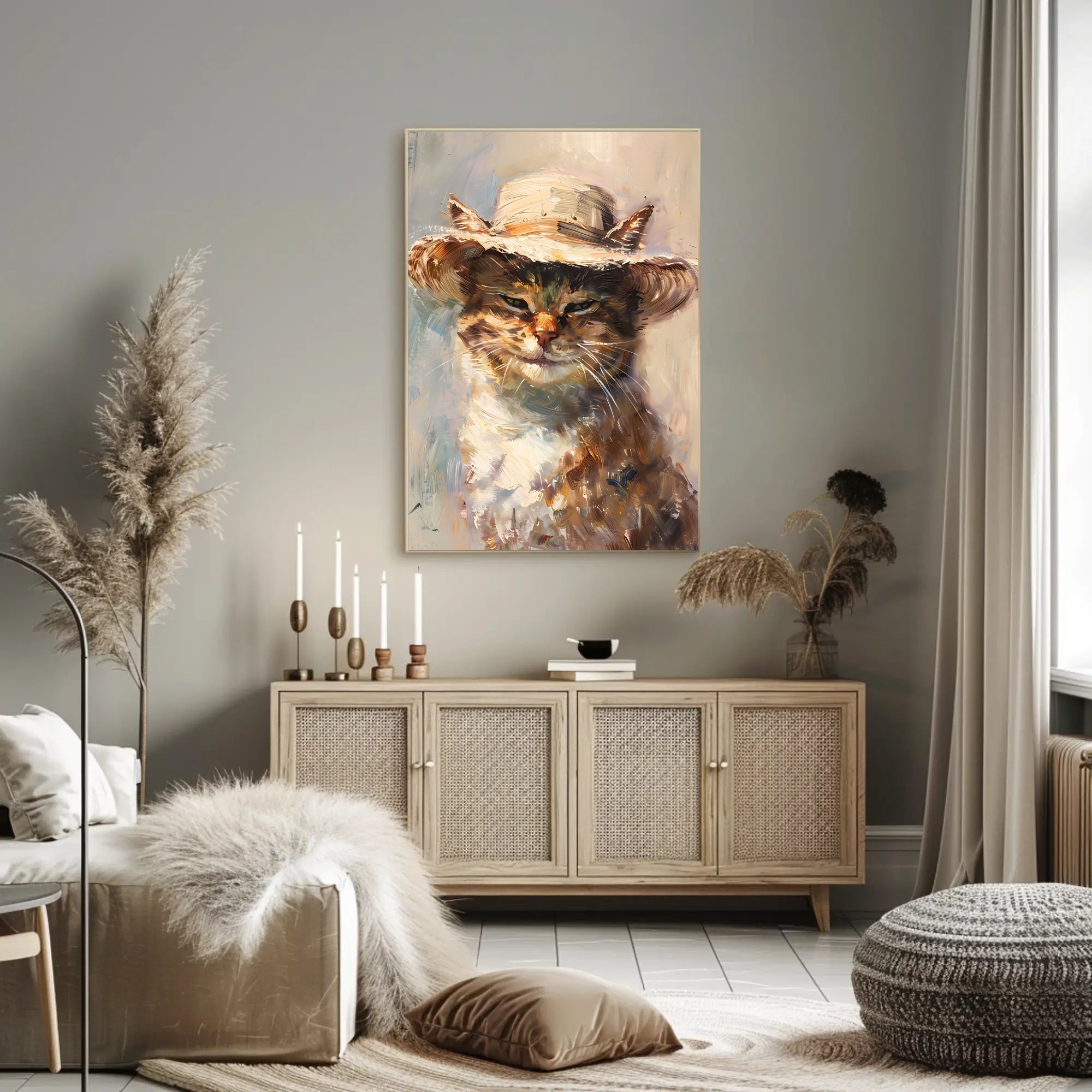 Whimsical Cat in Straw Hat Animal Poster PosterGoat