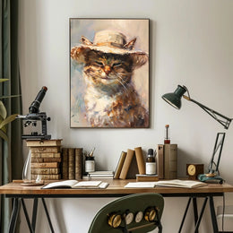 Whimsical Cat in Straw Hat Animal Poster PosterGoat