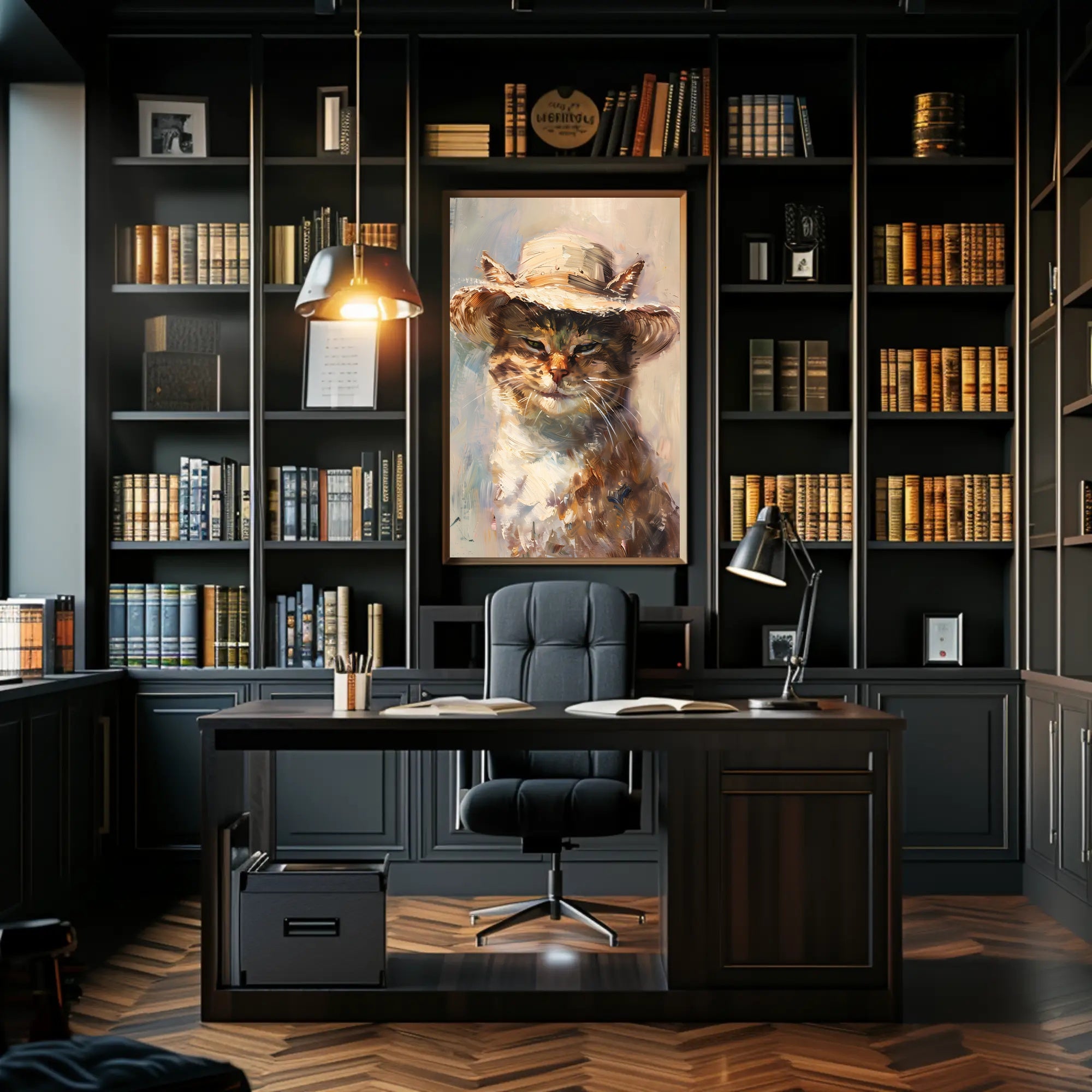 Whimsical Cat in Straw Hat Animal Poster PosterGoat