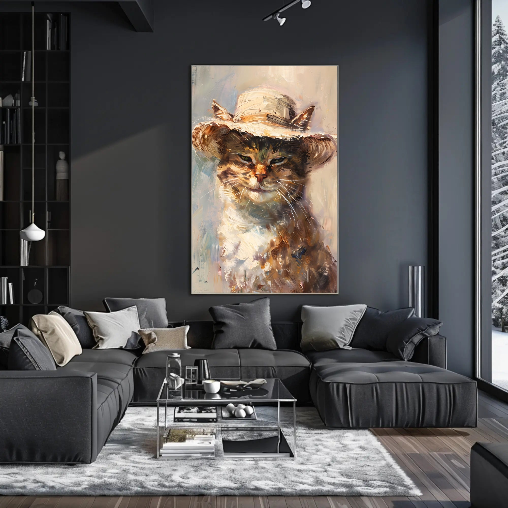 Whimsical Cat in Straw Hat Animal Poster PosterGoat