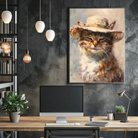 Whimsical Cat in Straw Hat Animal Poster PosterGoat