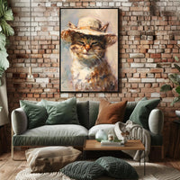 Whimsical Cat in Straw Hat Animal Poster PosterGoat