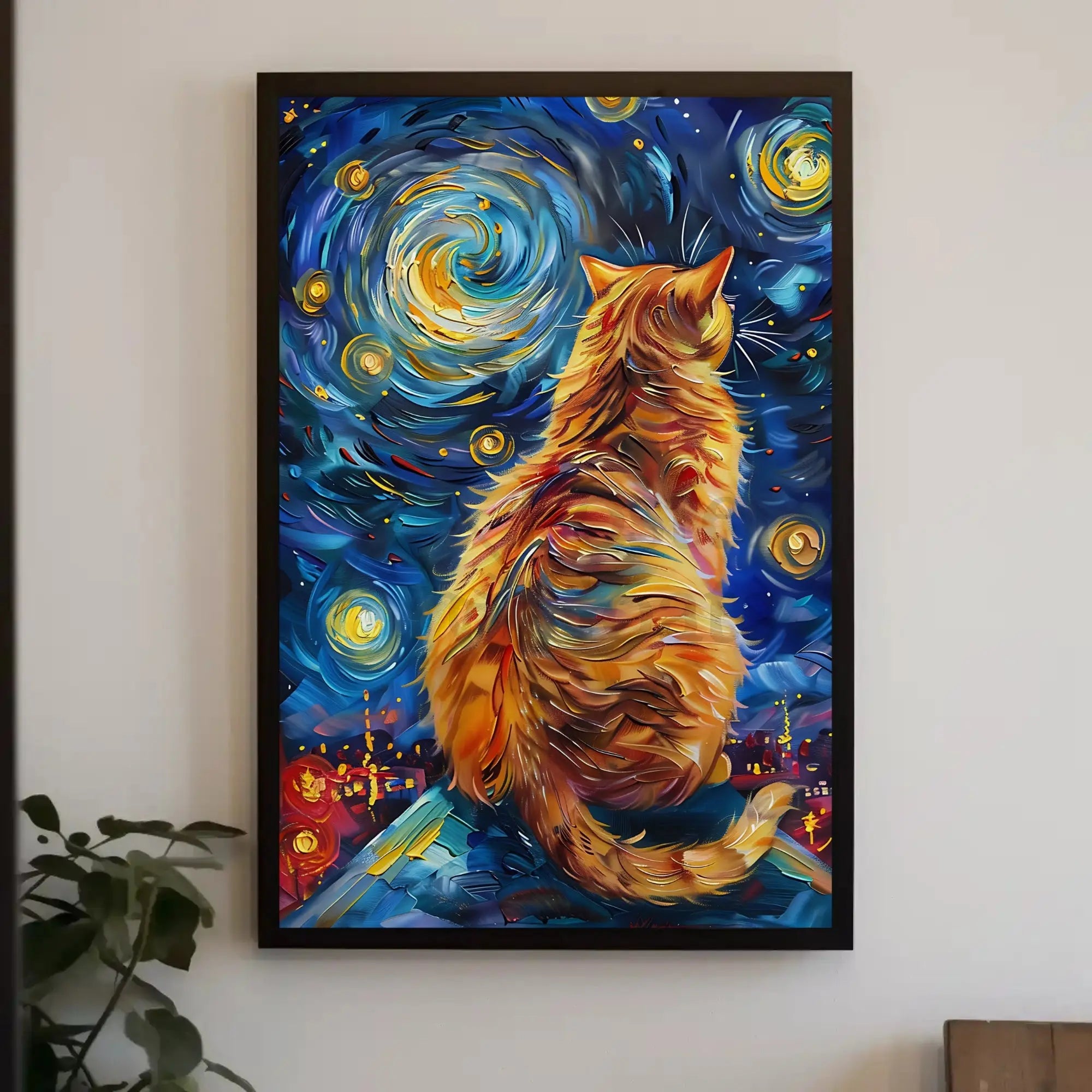 Whimsical Cat on Rooftop Artistic Pop Culture Poster PosterGoat