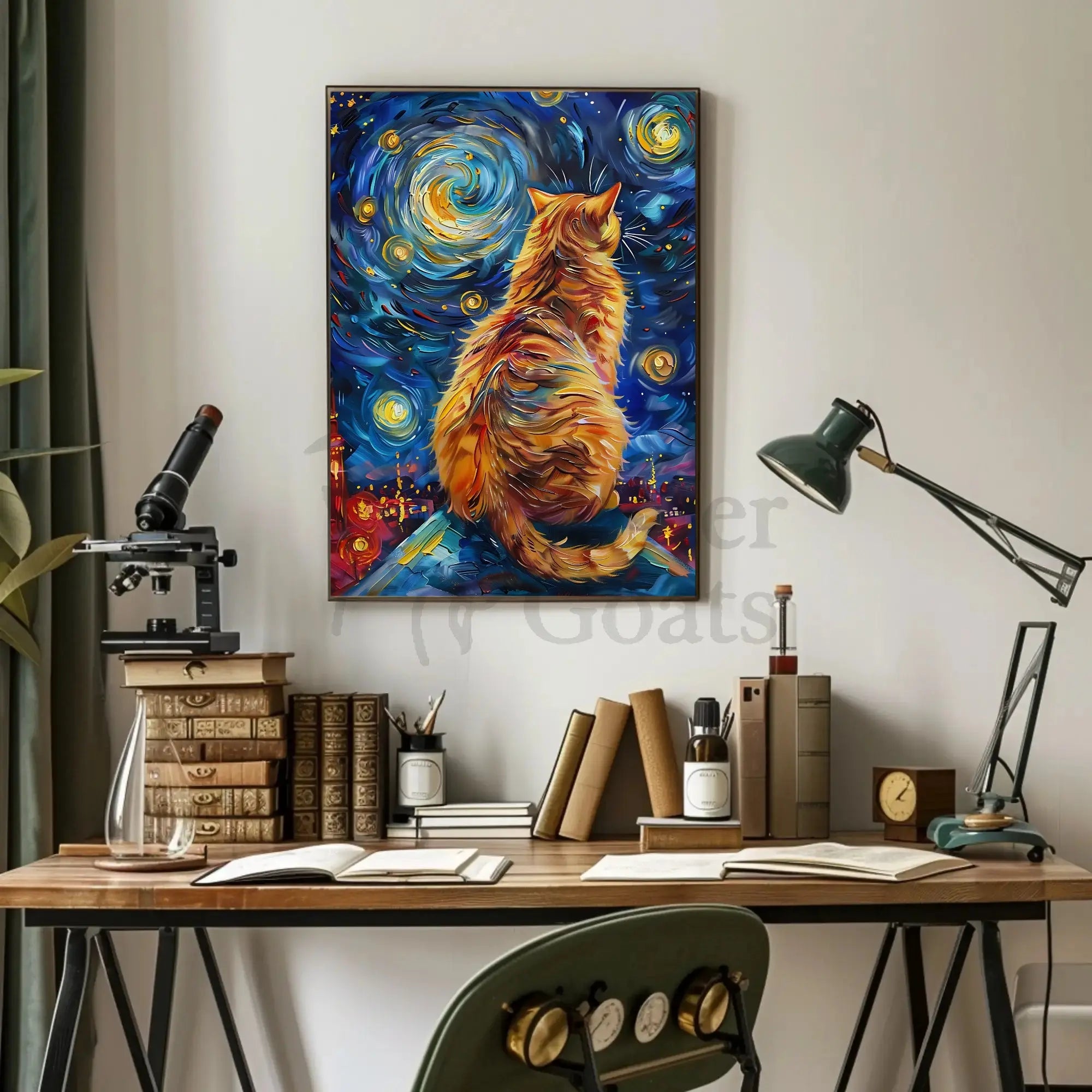 Whimsical Cat on Rooftop Artistic Pop Culture Poster PosterGoat