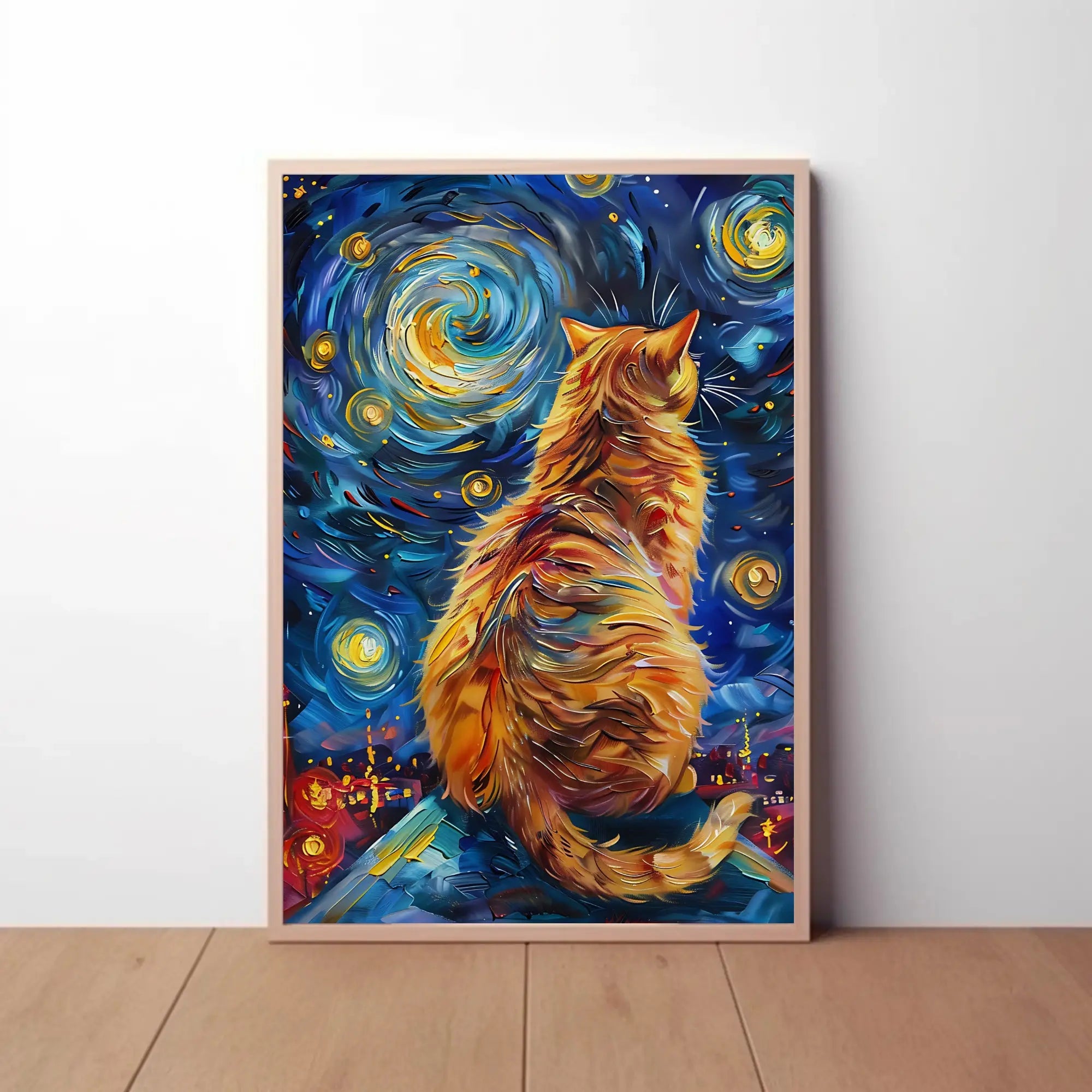 Whimsical Cat on Rooftop Artistic Pop Culture Poster PosterGoat