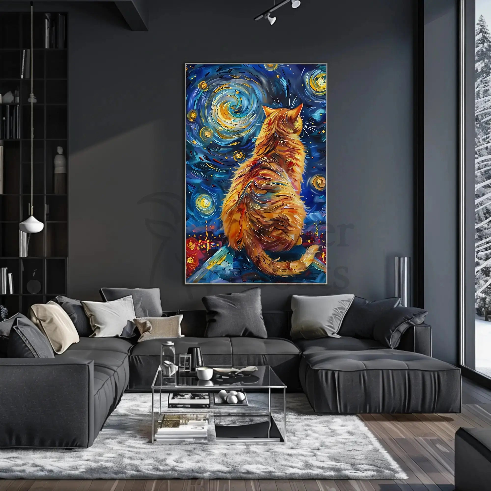 Whimsical Cat on Rooftop Artistic Pop Culture Poster PosterGoat