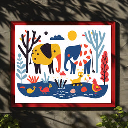 Whimsical Elephants with Colorful Nature Scene Poster PosterGoat