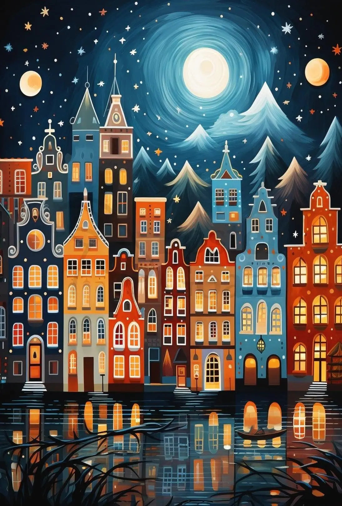 Whimsical European Cityscape at Night Artistic Poster PosterGoat