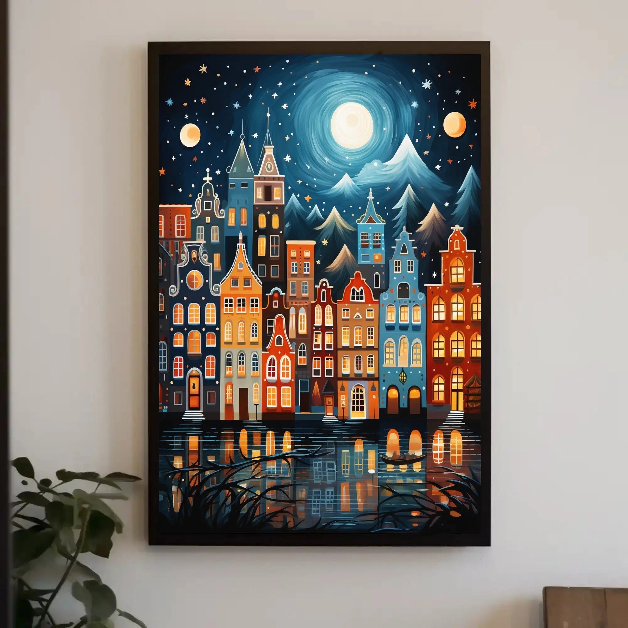 Whimsical European Cityscape at Night Artistic Poster PosterGoat