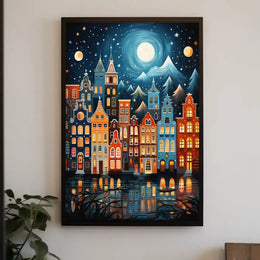 Whimsical European Cityscape at Night Artistic Poster PosterGoat