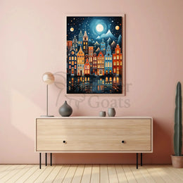 Whimsical European Cityscape at Night Artistic Poster PosterGoat