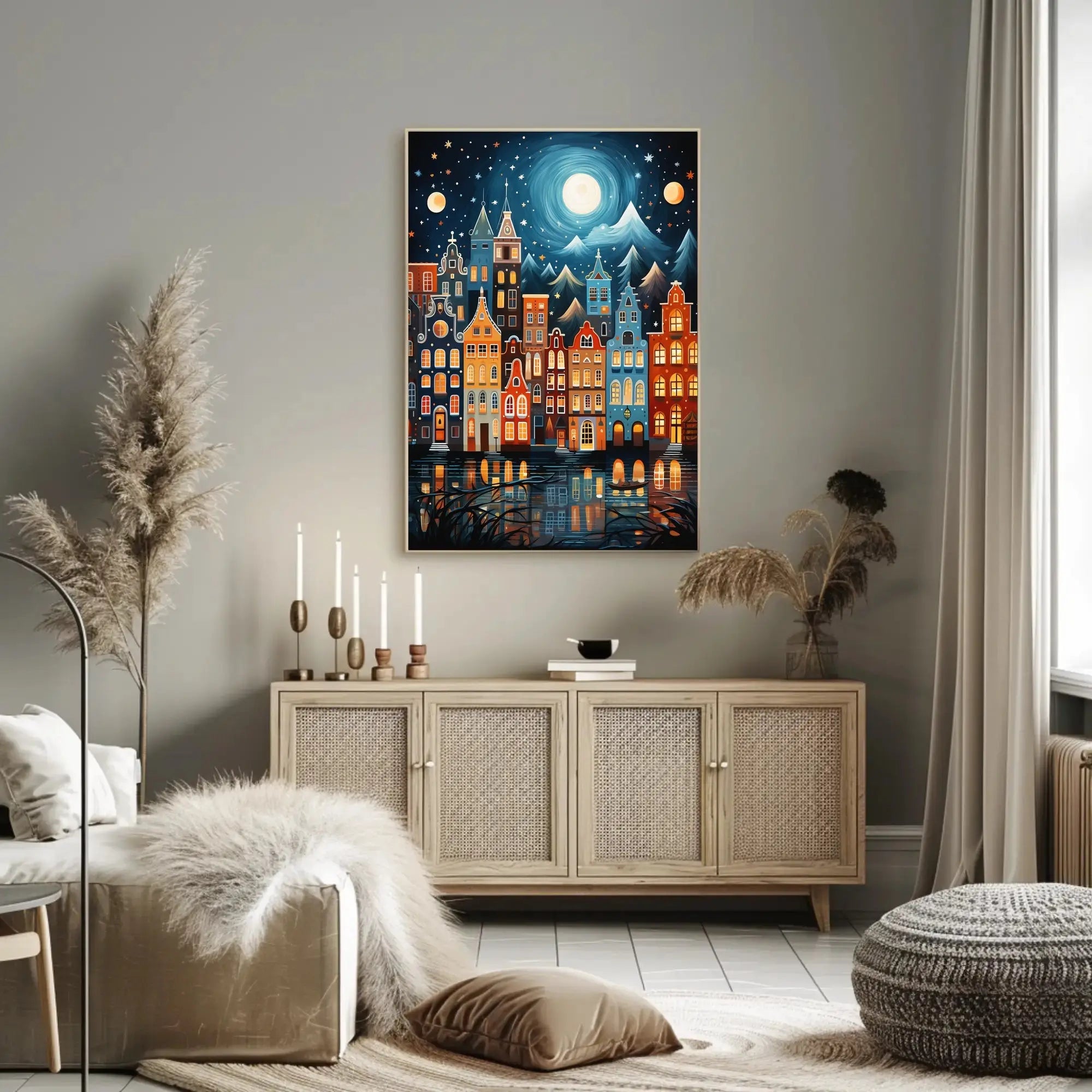 Whimsical European Cityscape at Night Artistic Poster PosterGoat